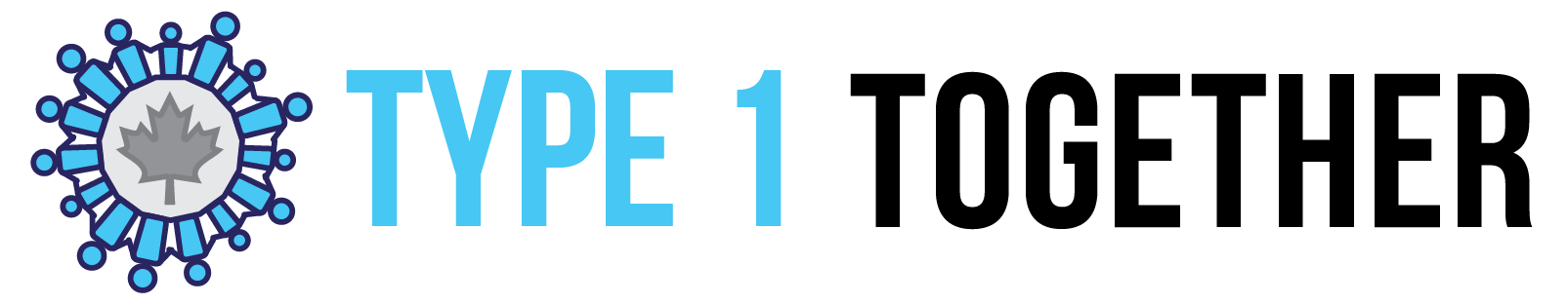 Type 1 Together logo and banner.  Logo shows 15 blue human shapes, in small, medium, and tall sizes, holding hands around the perimeter of 15-sided polygon.  The interior of the polygon is grey, with a grey Canadian maple in the centre.